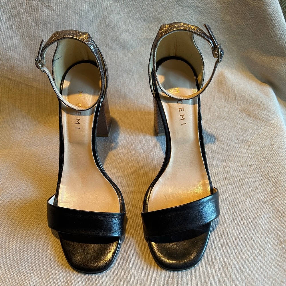 M. Gemi Black & Gold Snake Pattern Heeled Sandals